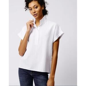 KAL RIEMAN White Cabana Stripe Stripe Short Sleeve Collared Blouse // XL